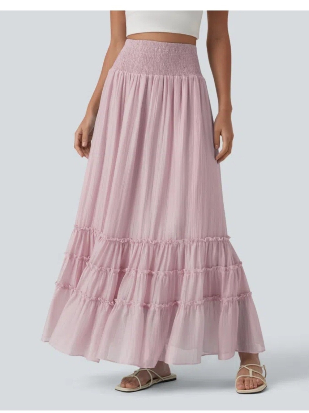 HALARA Smocked Waist Tiered Maxi Skirt - Light Pink